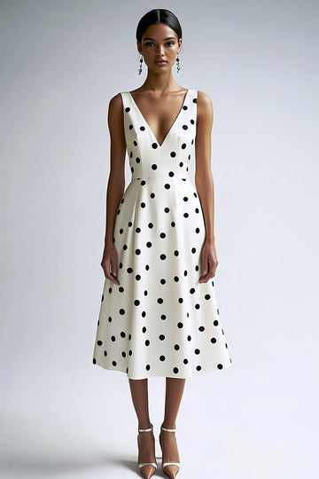 Black and White Satin V-Neck A Line Midi Polka Dot Dress